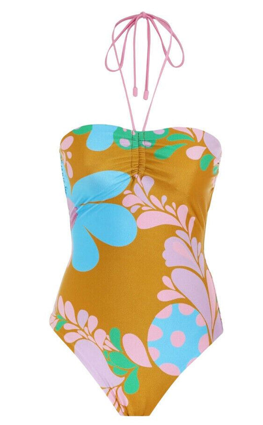 Zimmermann Teddy Ruched Halter One Piece |Mustard Floral, Bandeau, Full Coverage