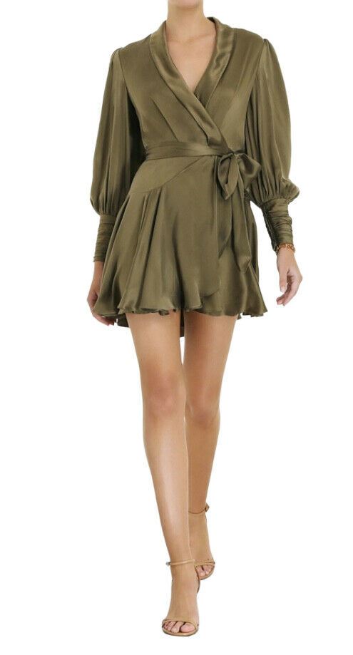Zimmermann Silk Wrap Mini Dress Khaki Olive Green Suede Silk Naked Pear Zimmermann Silk Wrap Mini Dress Khaki Olive Green Suede Silk Naked Pear