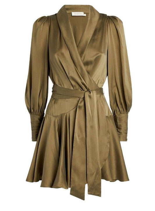 Zimmermann Silk Wrap Mini Dress | Khaki /Olive Green, Sueded Silk Cocktail dress