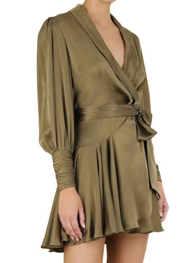Zimmermann Silk Wrap Mini Dress Khaki Olive Green Suede Silk Zimmermann Silk Wrap Mini Dress Khaki Olive Green Suede Silk