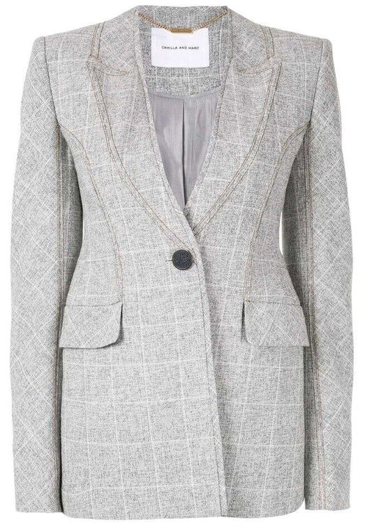 Camilla and Marc Saros Blazer | Stretch Suiting, Checkered, Grey, Faux Lapel