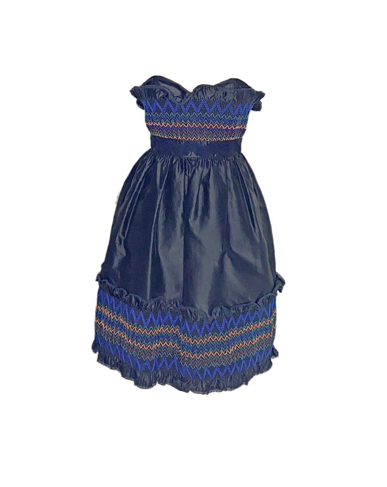 Luella Corset Strapless Dress, Embroidery Detail, Black, Size 6-8, Silk Taffeta