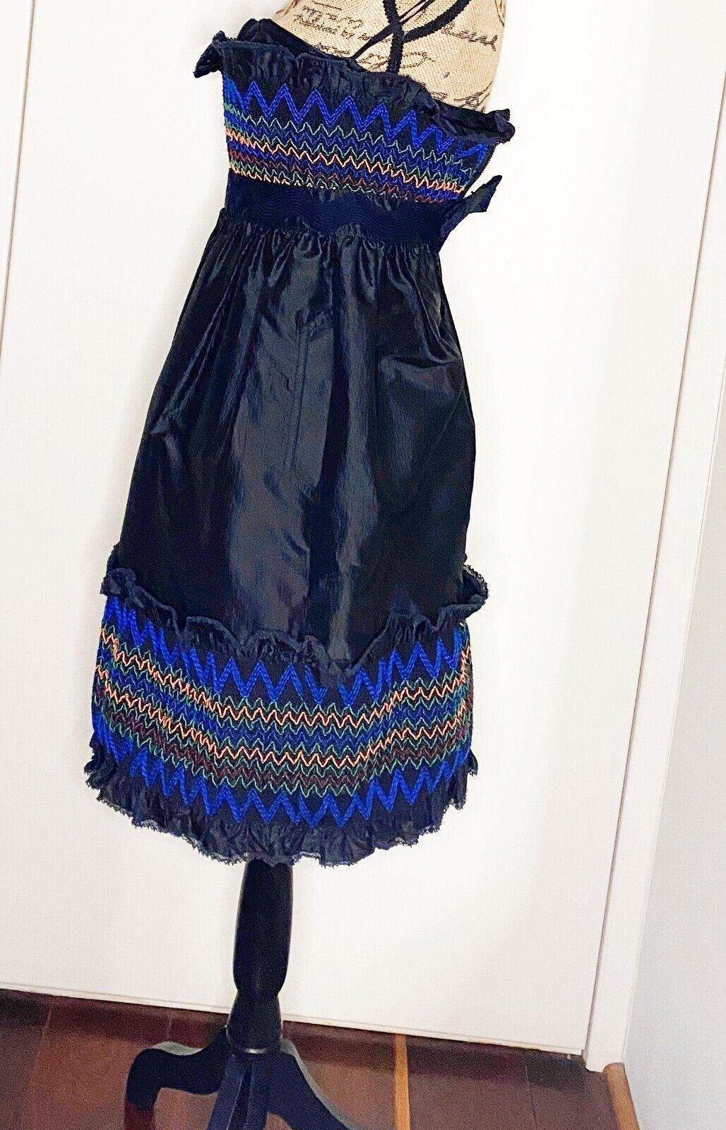 Luella Corset Strapless Dress, Embroidery Detail, Black, Size 6-8, Silk Taffeta