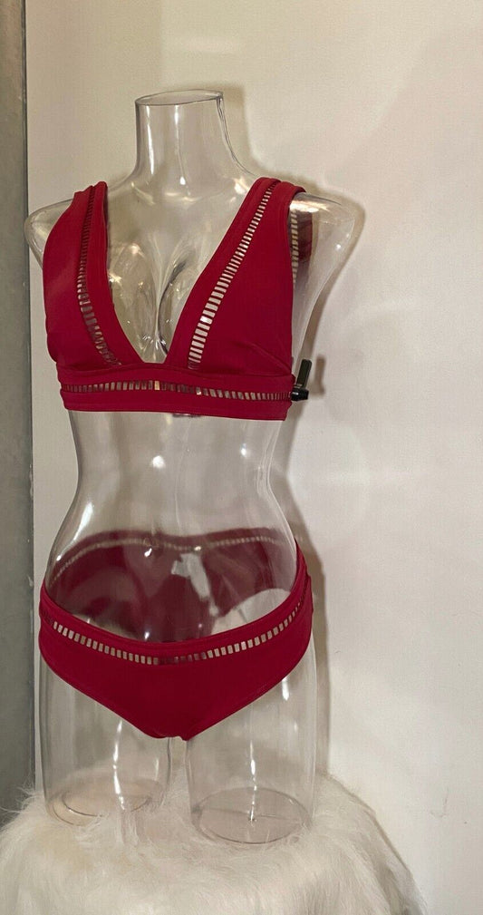 Zimmermann Poppy Ladder Bikini Set | Triangle Top / Hipster, Crimson Pink/Red,