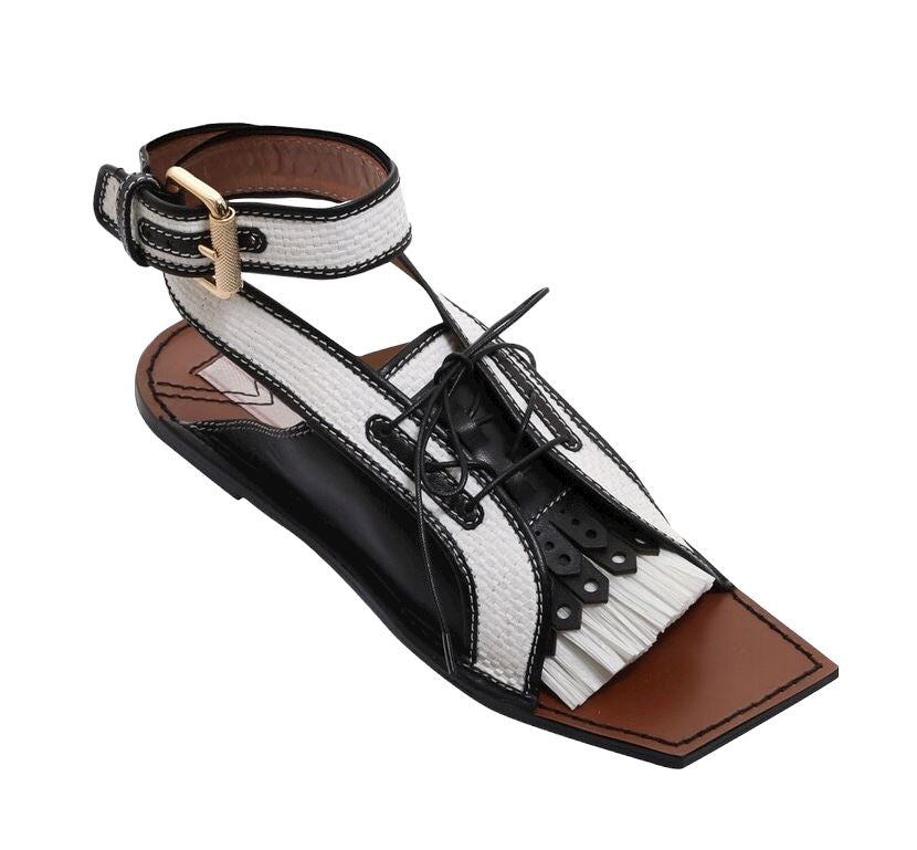 Zimmermann Lace Up Golf Sandal | Black / White, Fringes, Leather, Ratan, Flats