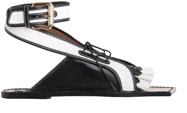 Zimmermann Lace Up Golf Sandal | Black / White, Fringes, Leather, Ratan, Flats
