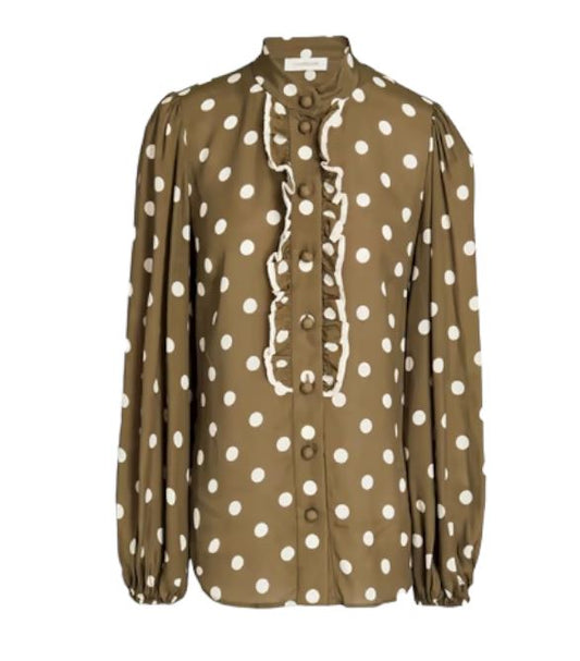 Zimmermann Frill Blouse | Khaki Olive/Cream Polka Dot, Spun Silk, Dolman Sleeves