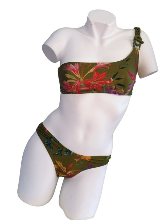 Zimmermann Tropicana Asymmetrical Bikini | One Shoulder, Low Rise, Khaki Floral