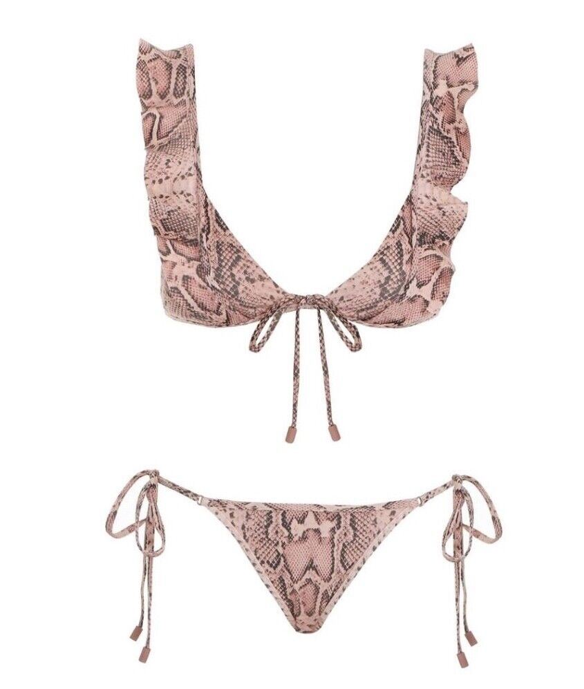 Zimmermann Moonshine Waterfall Frill Bikini | Pink Snake Print, Tie Bottoms