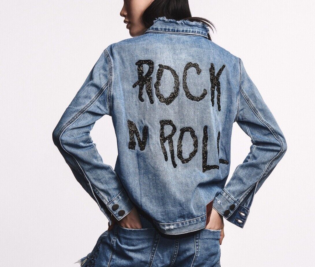 One Teaspoon Denim Jacket | Swarovski Crystal Rock Roll, Sz XS Oversize Distress