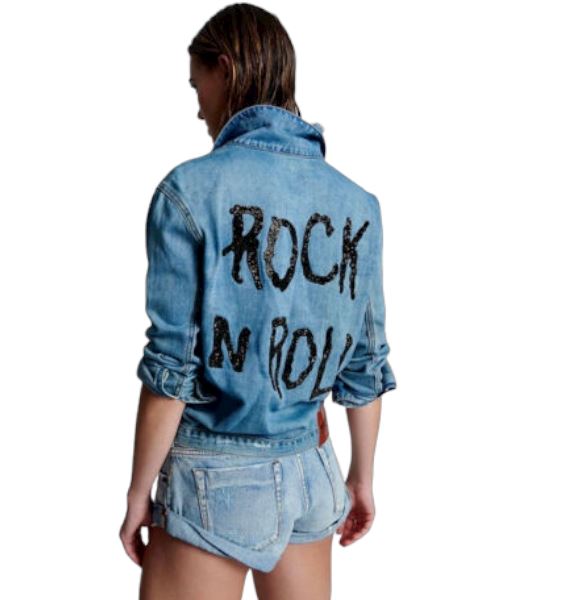 One Teaspoon Denim Jacket | Swarovski Crystal Rock Roll, Sz XS Oversize Distress