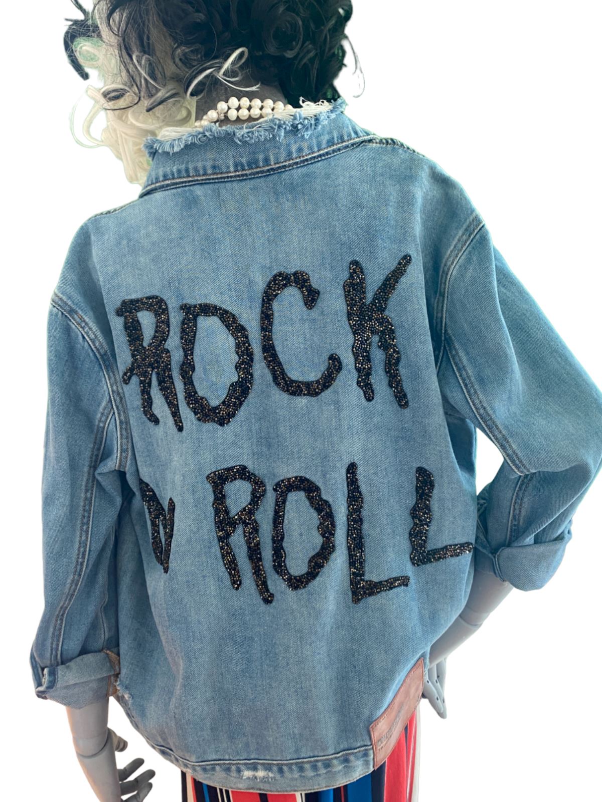 One Teaspoon Denim Jacket | Swarovski Crystal Rock Roll, Sz XS Oversize Distress