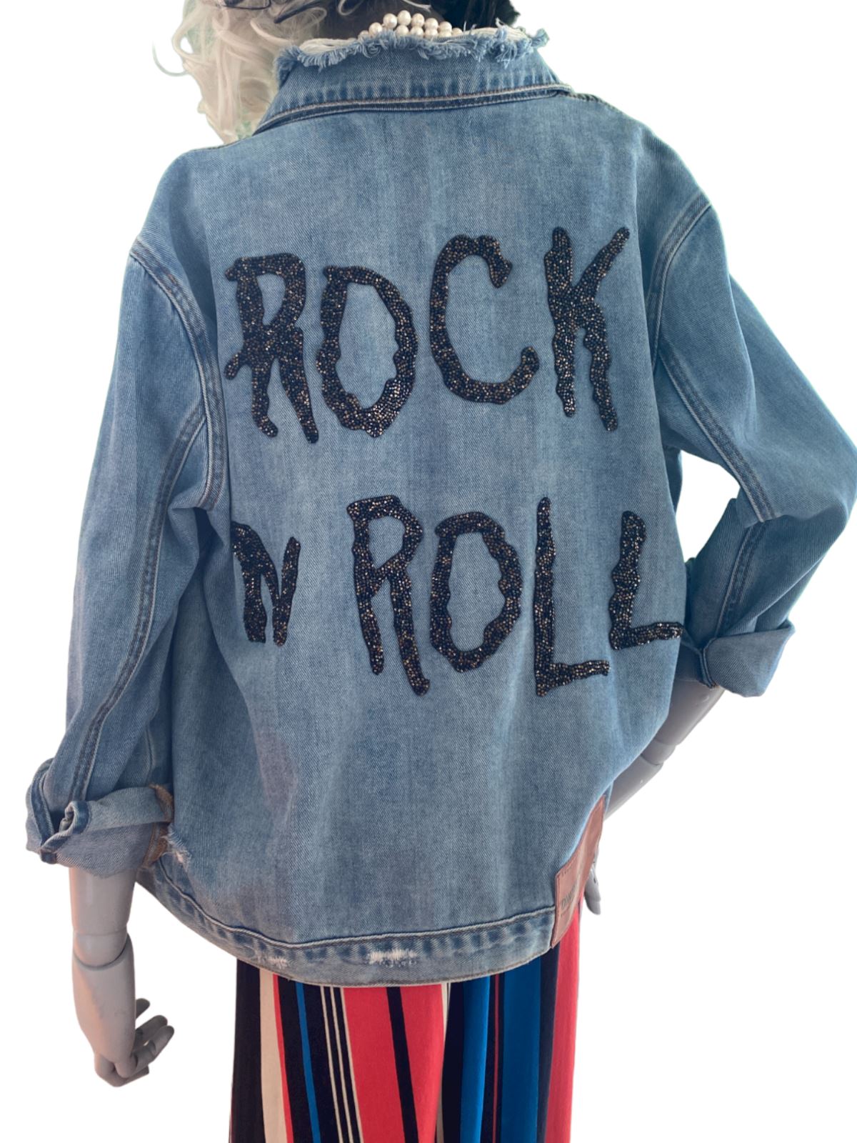 One Teaspoon Denim Jacket | Swarovski Crystal Rock Roll, Sz XS Oversize Distress