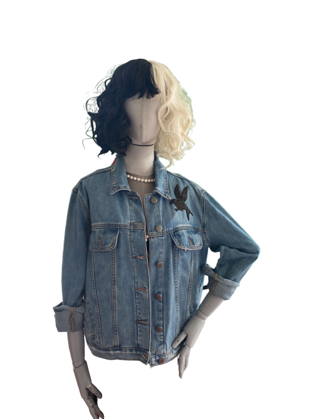 One Teaspoon Denim Jacket | Swarovski Crystal Rock Roll, Sz XS Oversize Distress