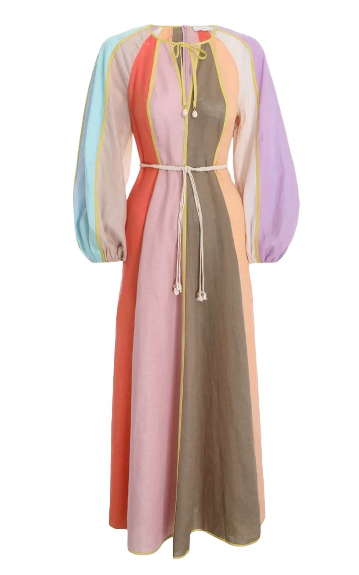 Zimmermann Lola Panelled Midi Dress| Panelled, Puff Sleeves, Belt, Rainbow Linen