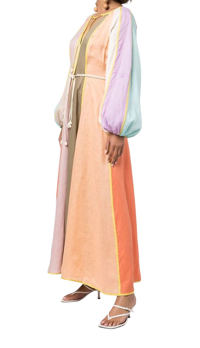 Zimmermann Lola Panelled Midi Dress| Panelled, Puff Sleeves, Belt, Rainbow Linen