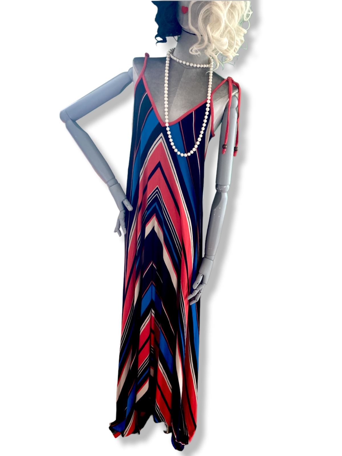 French Connection Maxi Dress | Flowing, Striped, Size 10, Viscose, Red / Blue