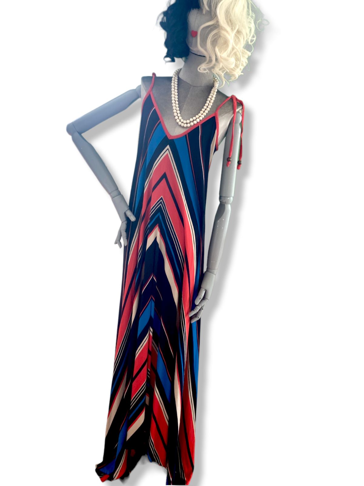 French Connection Maxi Dress | Flowing, Striped, Size 10, Viscose, Red / Blue