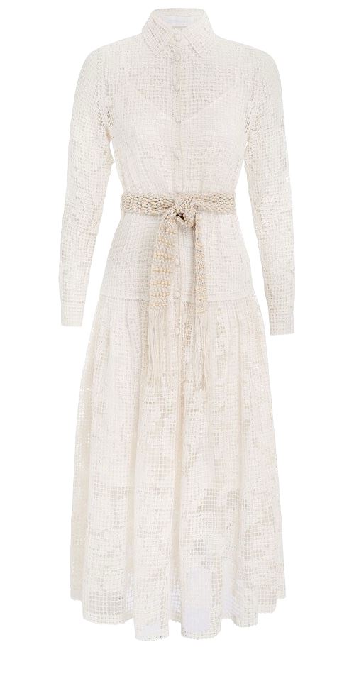 Zimmermann Estelle Crochet Long Dress | Beige, Shell Belt, Collar, Slip Included