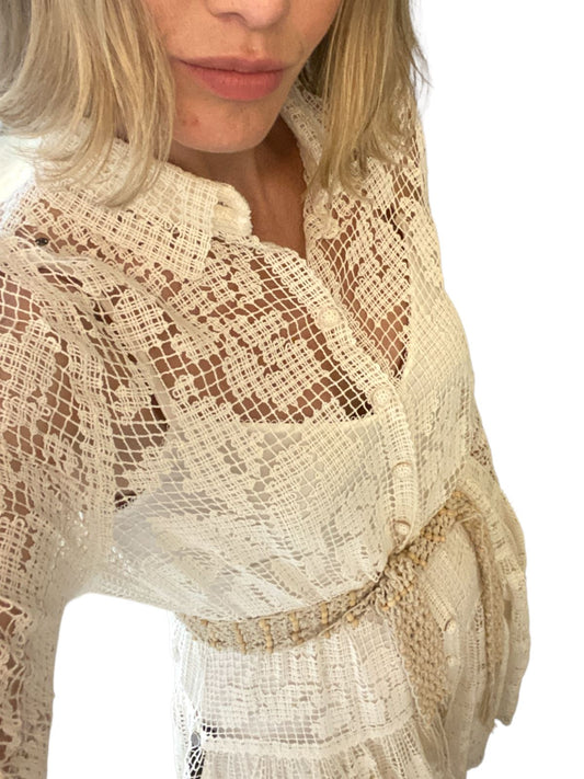 Zimmermann Estelle Crochet Long Dress | Beige, Shell Belt, Collar, Slip Included