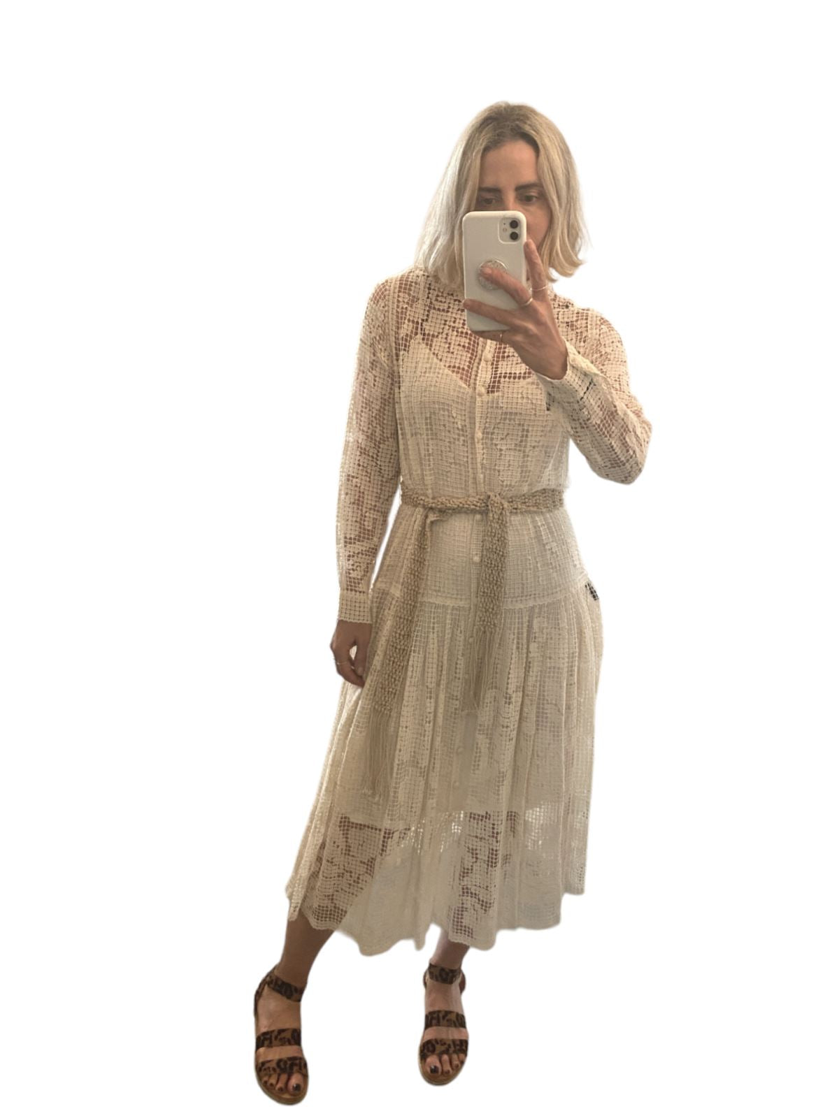 Zimmermann Estelle Crochet Long Dress | Beige, Shell Belt, Collar, Slip Included