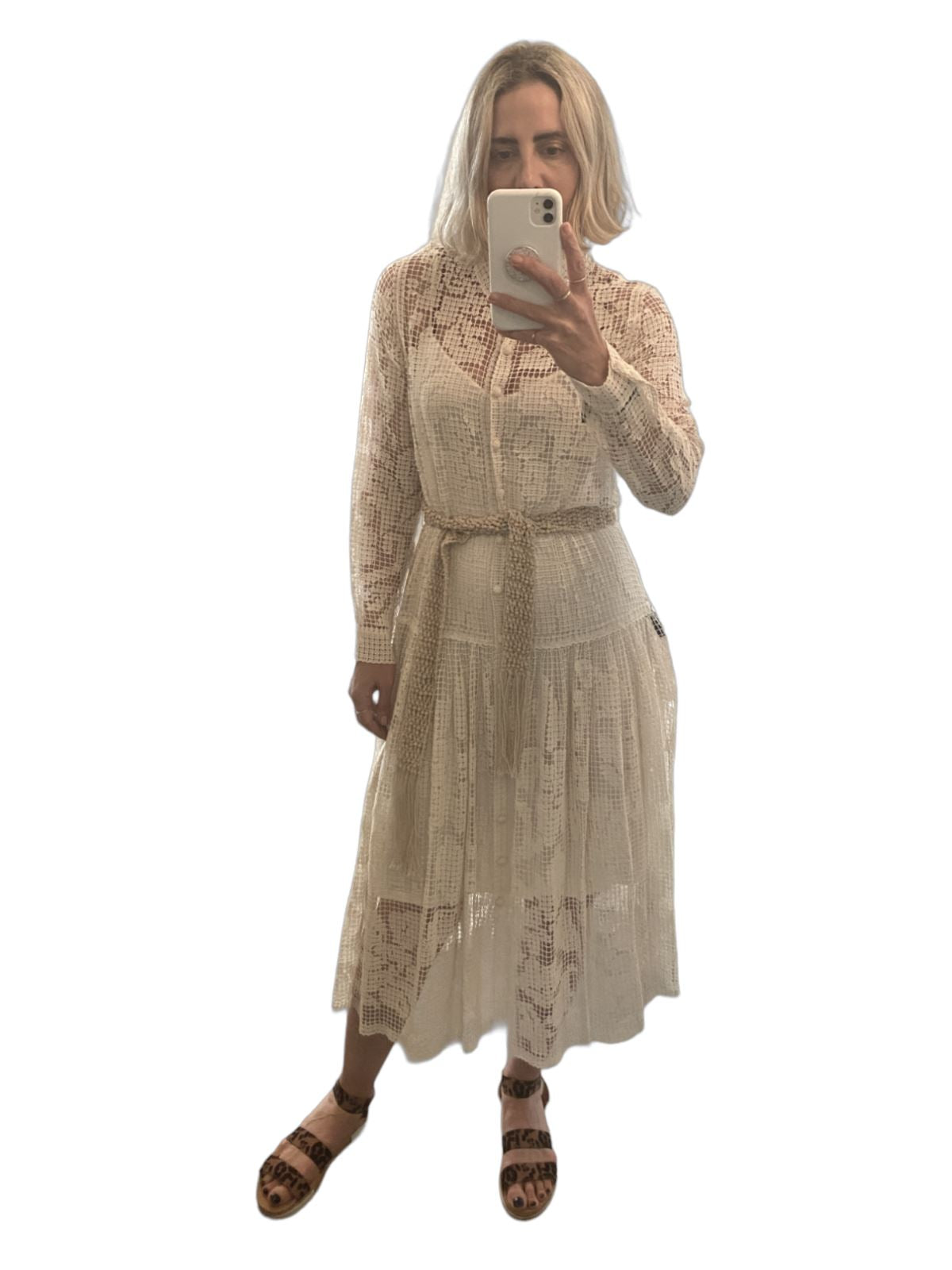 Zimmermann Estelle Crochet Long Dress | Beige, Shell Belt, Collar, Slip Included