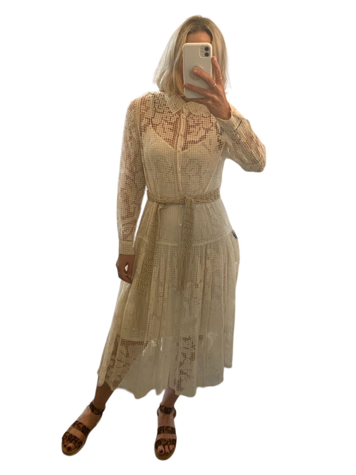 Zimmermann Estelle Crochet Long Dress | Beige, Shell Belt, Collar, Slip Included