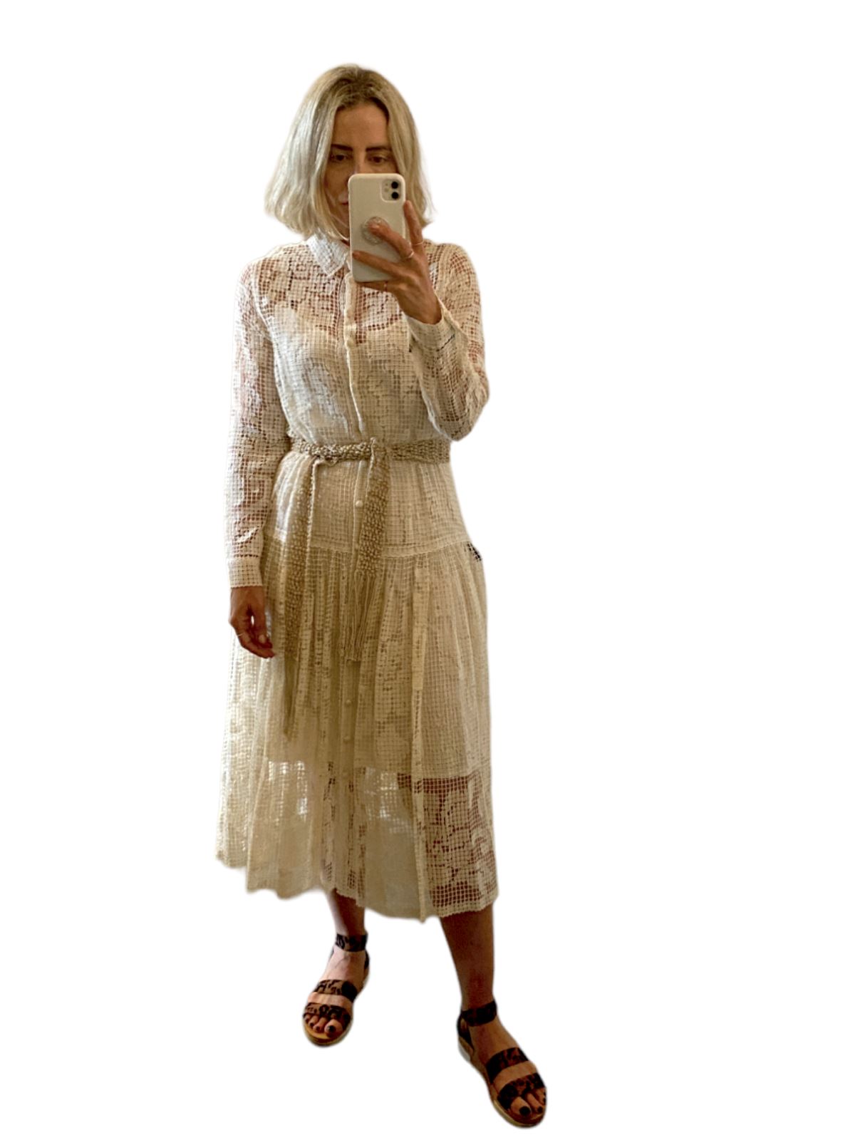 Zimmermann Estelle Crochet Long Dress | Beige, Shell Belt, Collar, Slip Included