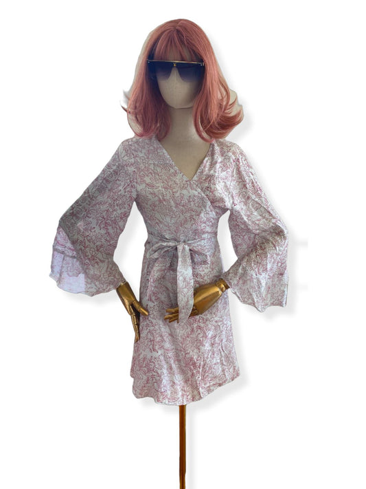 Hannah Artwear Wrap Mini Dress | One Size Fits All, 100% Silk, Flare Sleeves
