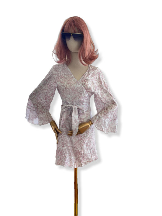 Hannah Artwear Wrap Mini Dress | One Size Fits All, 100% Silk, Flare Sleeves