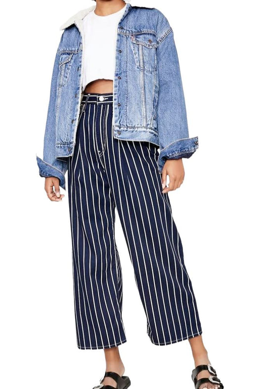 Levi's Ribcage Pleated Crop | Navy / White Stripe | High Waisted, Wide Leg Sz 28