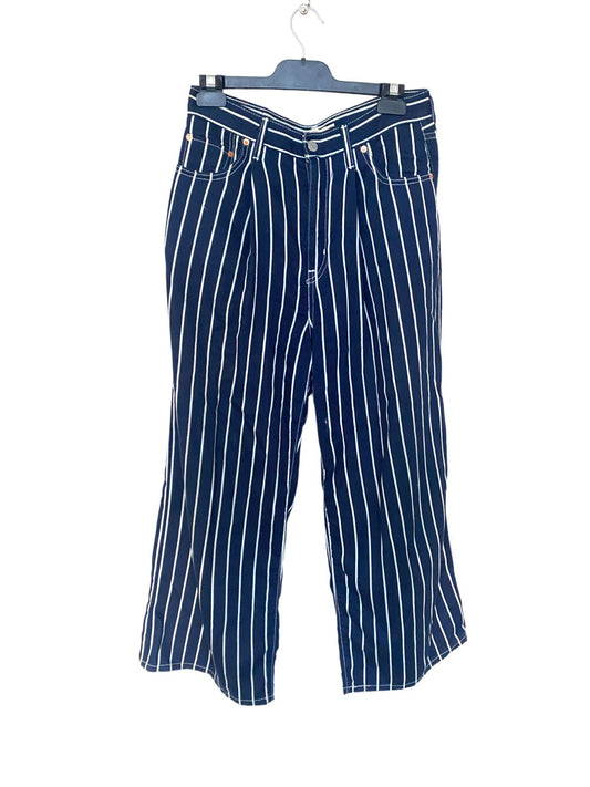 Levi's Ribcage Pleated Crop | Navy / White Stripe | High Waisted, Wide Leg Sz 28