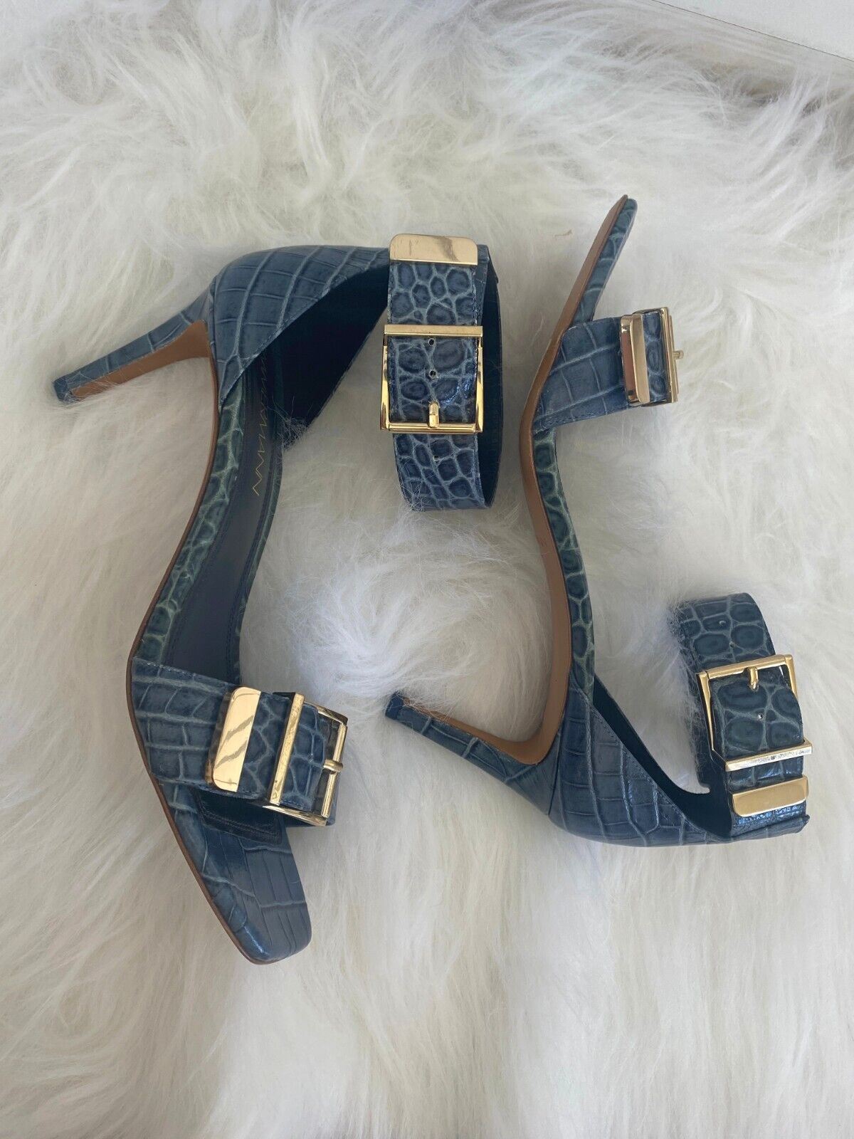 Zimmermann Heels | Crocodile Embossed Leather, Blue, Gold Buckles, Worn ONCE