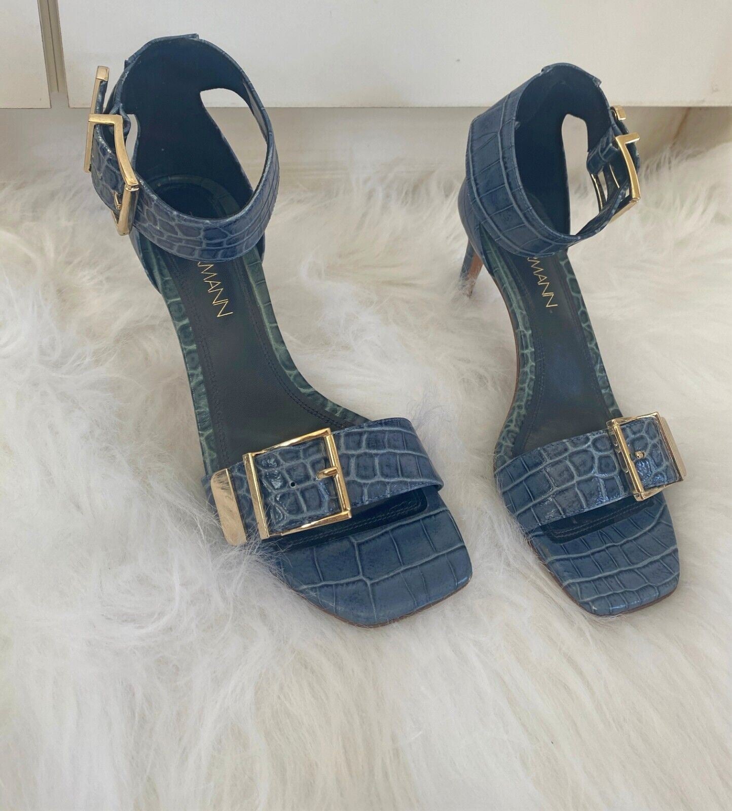 Zimmermann Heels | Crocodile Embossed Leather, Blue, Gold Buckles, Worn ONCE