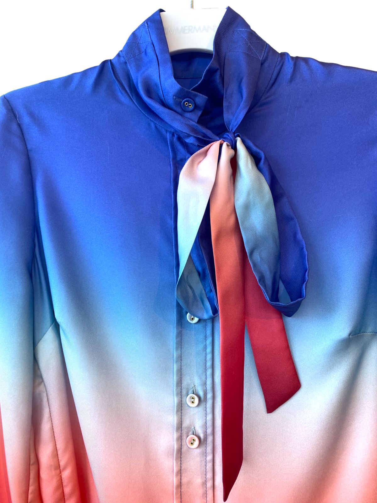 Zimmermann Postcard Blouse | Ombre Dawn, Red, Blue, White, Pussy Bow, Silk, Cuff