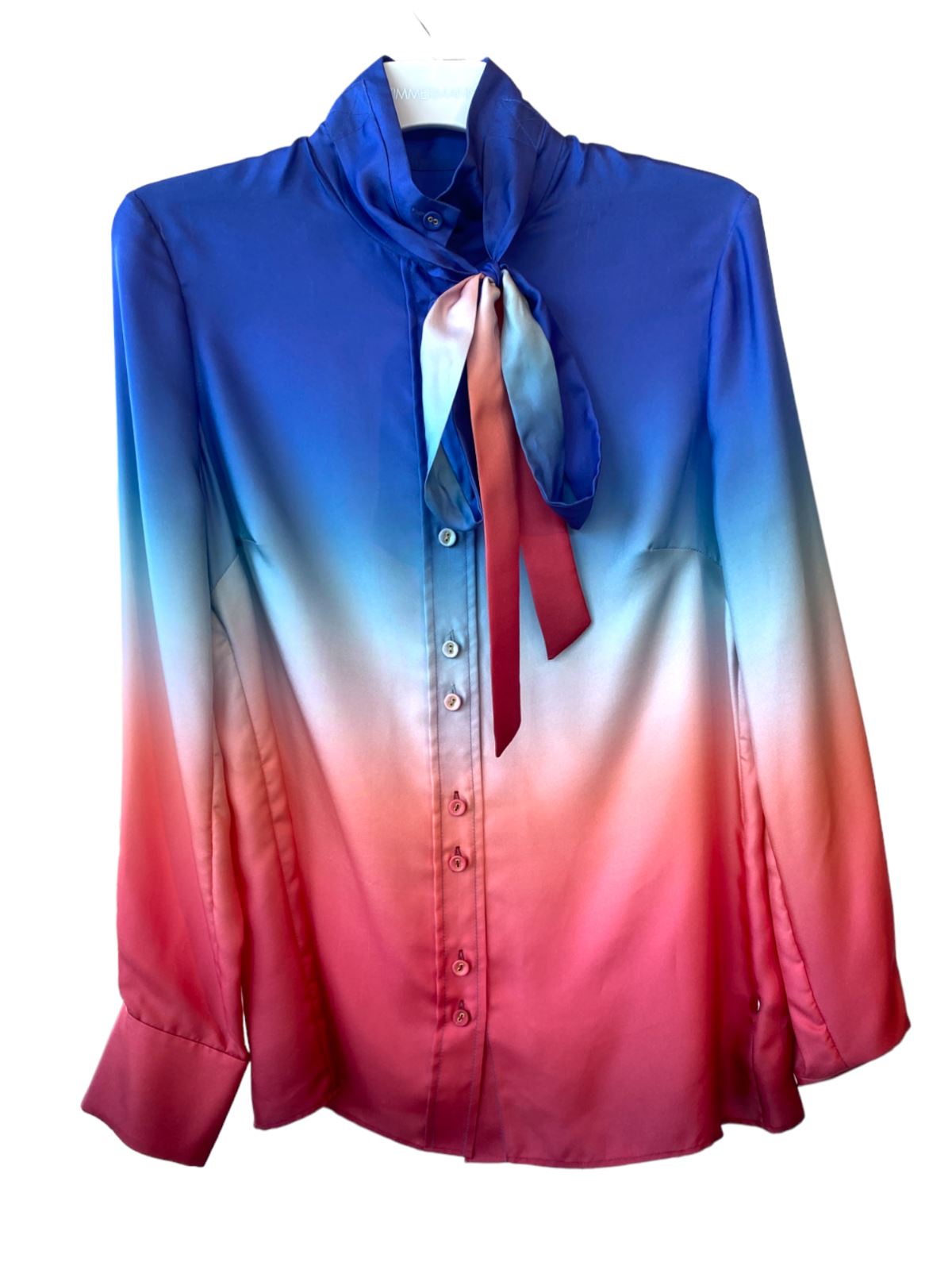 Zimmermann Postcard Blouse | Ombre Dawn, Red, Blue, White, Pussy Bow, Silk, Cuff