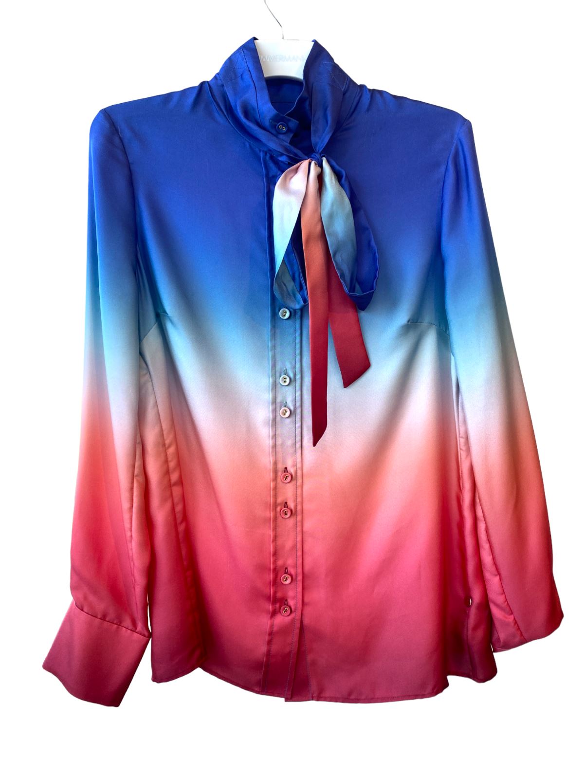 Zimmermann Postcard Blouse | Ombre Dawn, Red, Blue, White, Pussy Bow, Silk, Cuff
