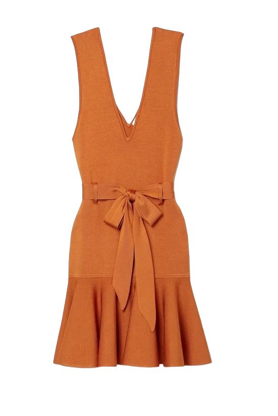 Zimmermann Knit Mini Dress | V Neck / Back, Waist Tie, Copper, Flounce Frill Hem