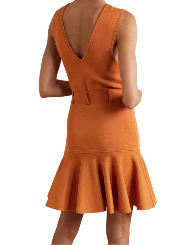 Zimmermann Knit Mini Dress | V Neck / Back, Waist Tie, Copper, Flounce Frill Hem - 0 Zimmermann Knit Mini Dress | V Neck / Back, Waist Tie, Copper, Flounce Frill Hem - 0