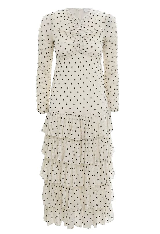 Zimmermann Concert Drawn Midi Dress | White/Black Dots, , Embroidered, Ruched