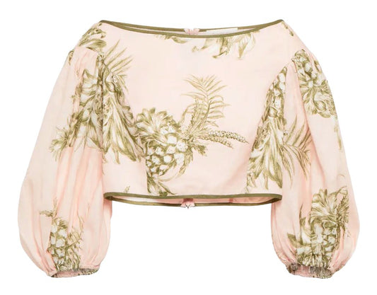 Zimmermann Empire Bodice | Cropped Top, Puff Sleeves, Linen, Pink/Khaki Floral