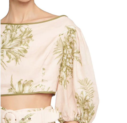 Zimmermann Empire Bodice | Cropped Top, Puff Sleeves, Linen, Pink/Khaki Floral