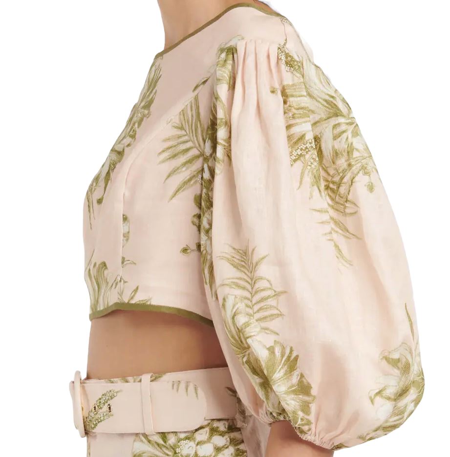 Zimmermann Empire Bodice | Cropped Top, Puff Sleeves, Linen, Pink/Khaki Floral