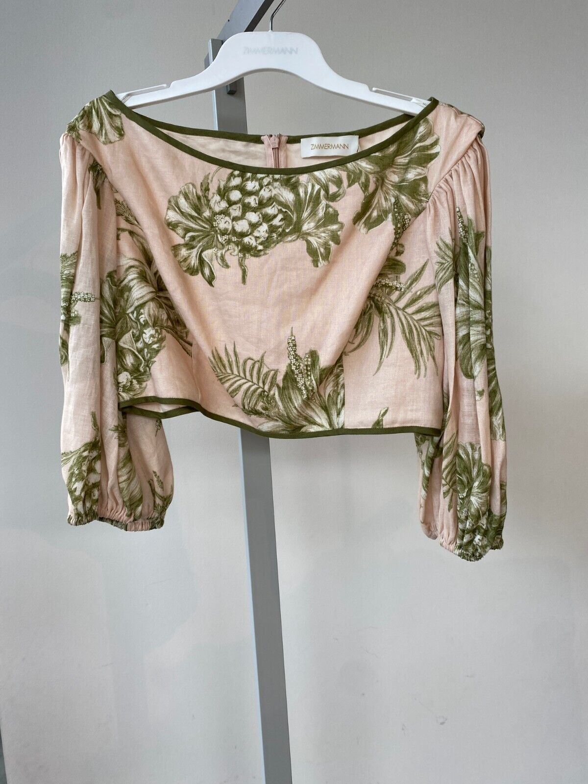 Zimmermann Empire Bodice | Cropped Top, Puff Sleeves, Linen, Pink/Khaki Floral