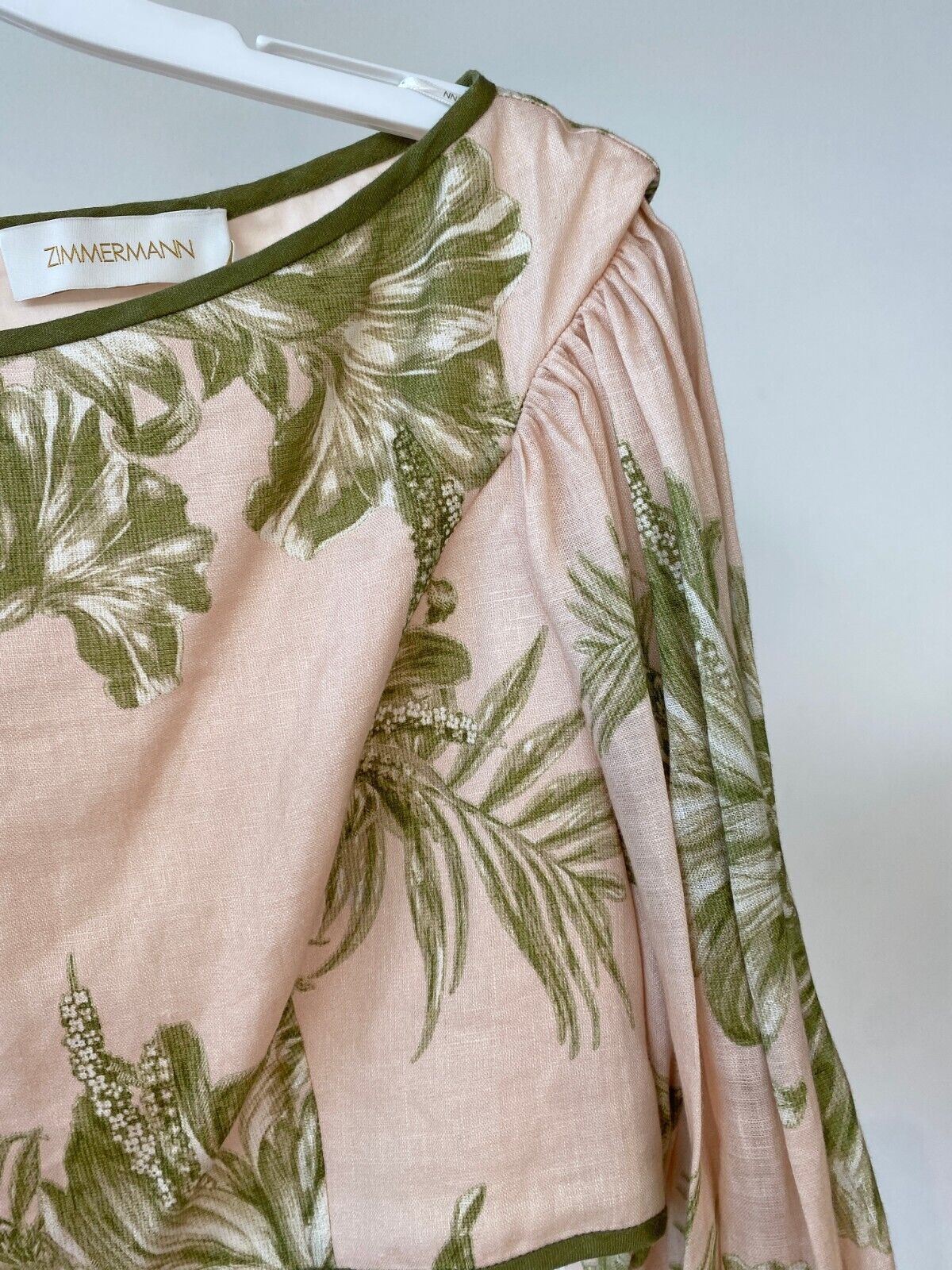 Zimmermann Empire Bodice | Cropped Top, Puff Sleeves, Linen, Pink/Khaki Floral