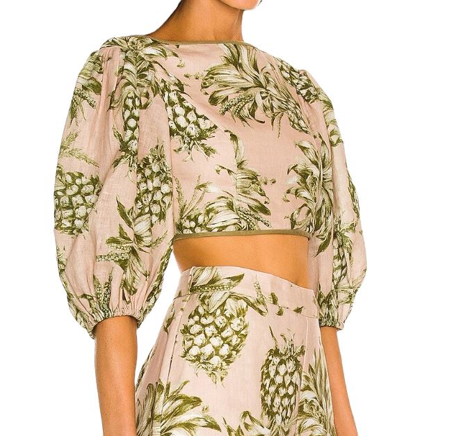 Zimmermann Empire Bodice | Cropped Top, Puff Sleeves, Linen, Pink/Khaki Floral