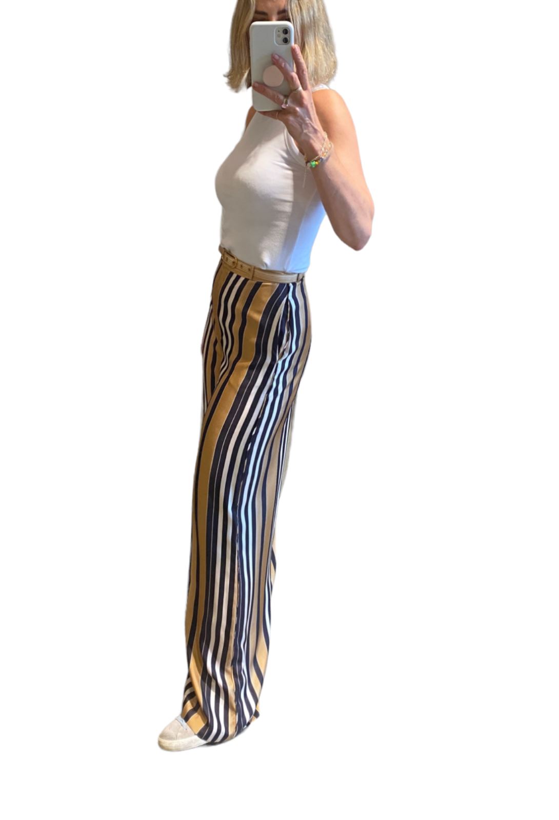 Zimmermann Botanica Twill Stripe Trouser | High Rise, Belt, Silk, Black, White