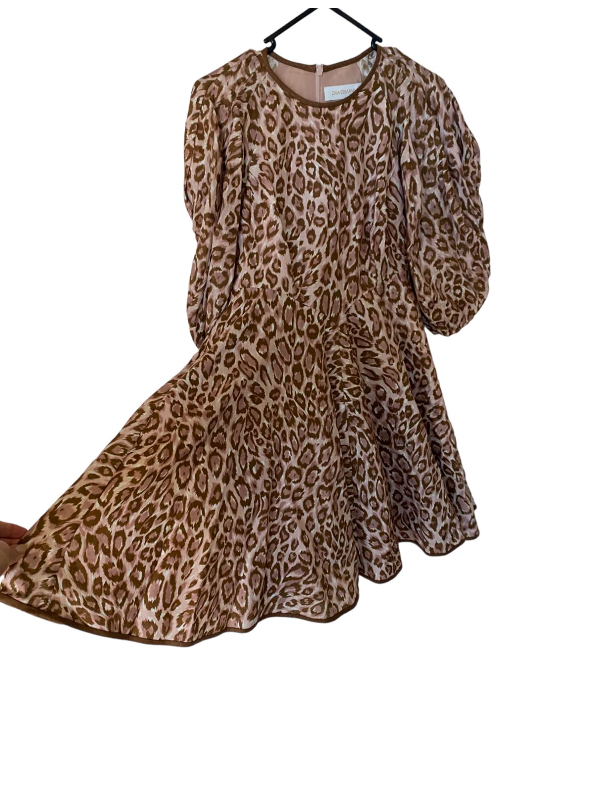 Zimmermann Concert Day Mini Dress | Pink Leopard Print, Puff Sleeves, Linen