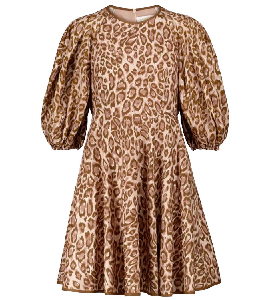 Zimmermann Concert Day Mini Dress | Pink Leopard Print, Puff Sleeves, Linen