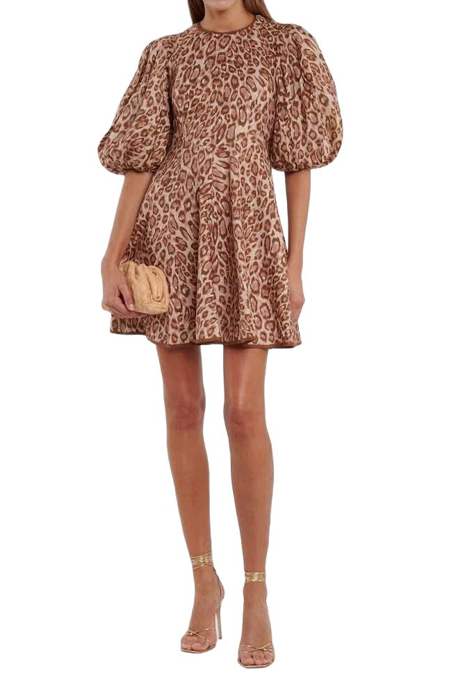 Zimmermann Concert Day Mini Dress | Pink Leopard Print, Puff Sleeves, Linen